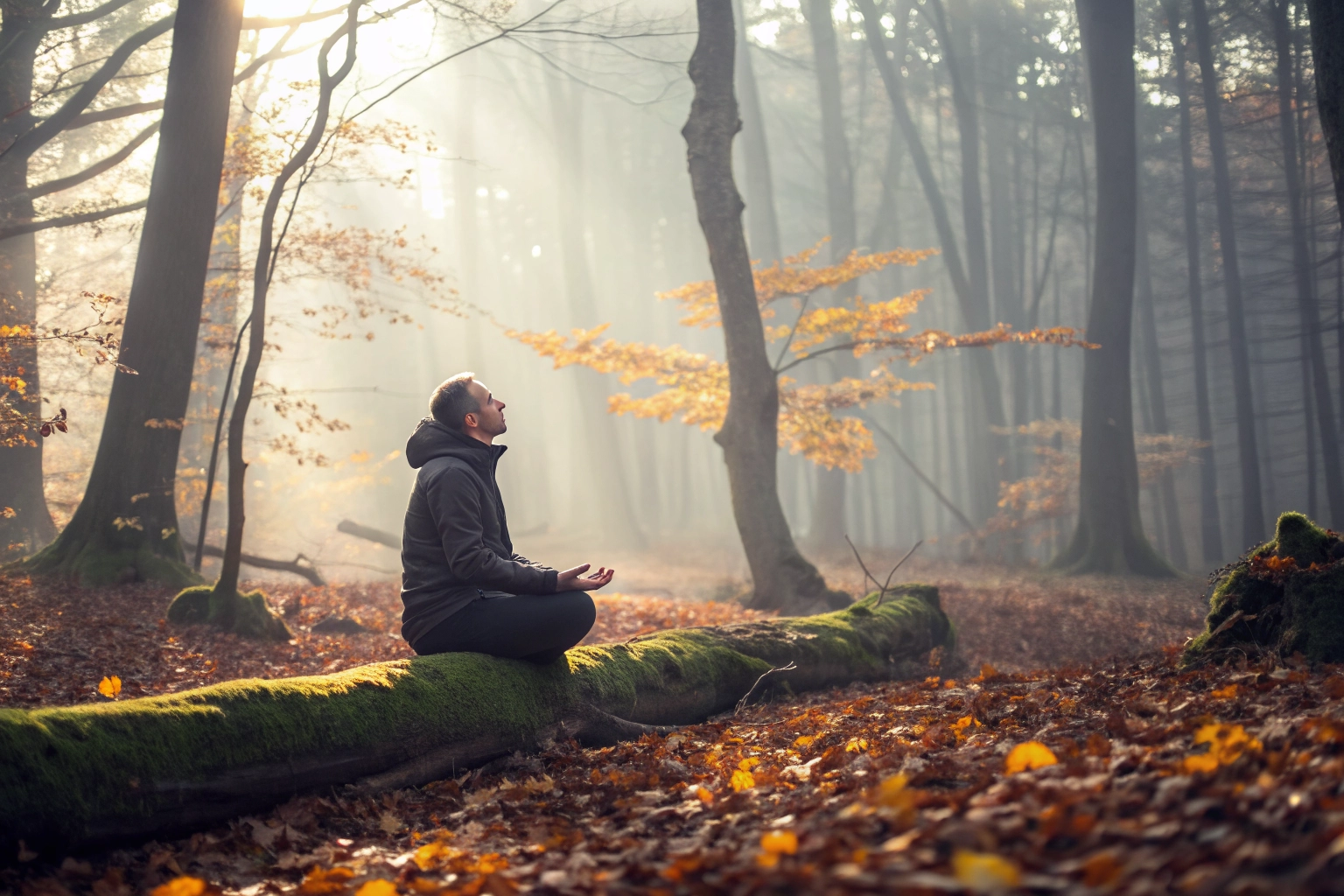 Sessione di meditazione all'aperto in un bosco autunnale.