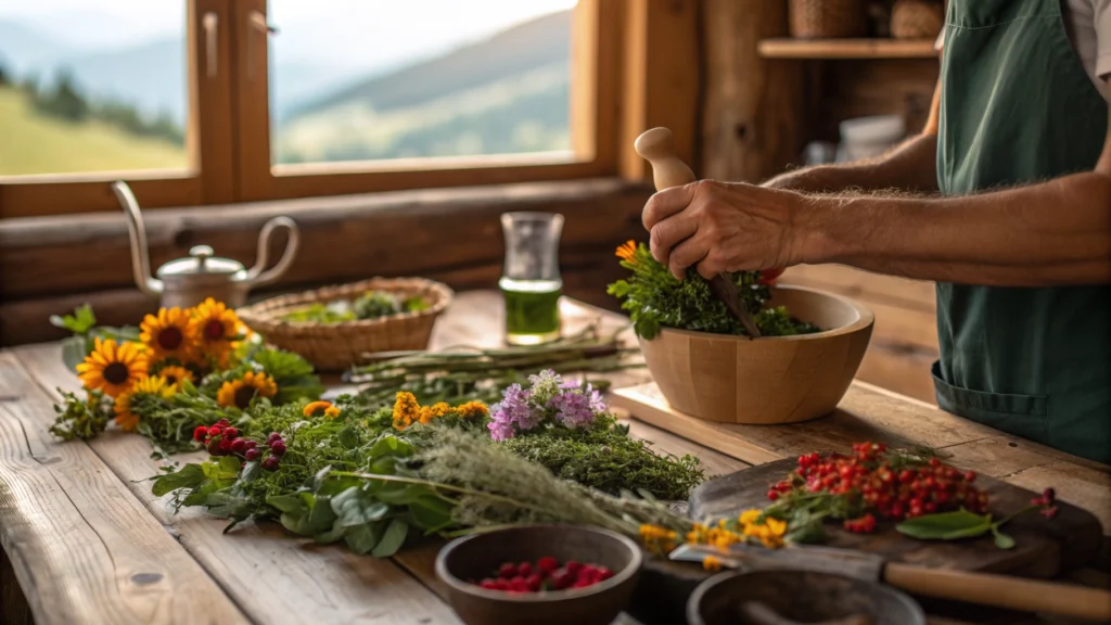 Laboratorio di erbe stagionali con mani che lavorano erbe e fiori in una malga di montagna, atmosfera calda e naturale