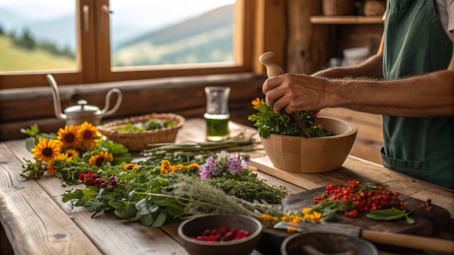 Laboratorio di erbe stagionali con mani che lavorano erbe e fiori in una malga di montagna, atmosfera calda e naturale